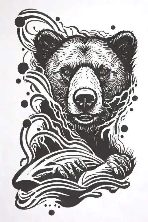 leg tattoo with a bear head and paws. background using reference to Chicago and some water ripples. tattoo design idea