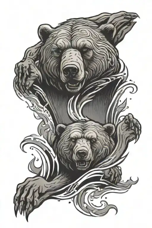 leg tattoo with a bear head and paws. background using reference to Chicago and some water ripples. tattoo design idea