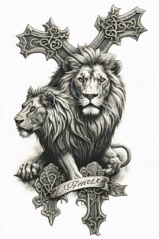 god and crosses and a lion and bible quote  tattoo design idea