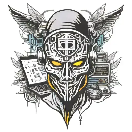 hacker mask with hacking in laptop cyber  tattoo design idea