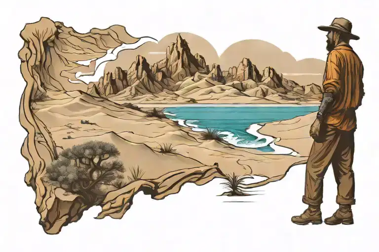 mountain, ocean, dune, wanderer walking tattoo design idea