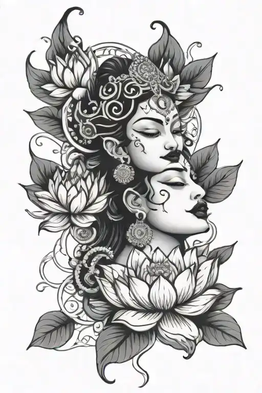 Lotus flowers and goddess Kali tongue tattoo design idea