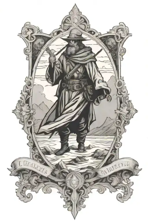 Caspar Friedrich's Wanderer Above the Sea of Fog and Mucha style tarot card tattoo design idea