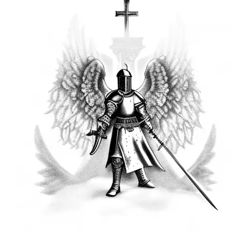 A black-grey tattoo of a medieval knight with angel wings standing in front of a gothic church tattoo design idea