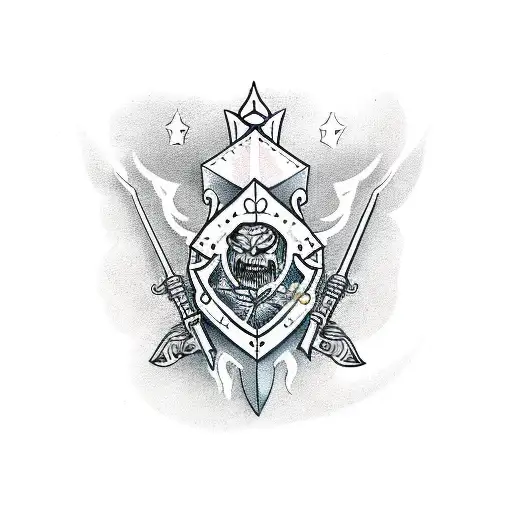 a fierce guardian angle with sword and shield protecting a child tattoo design idea