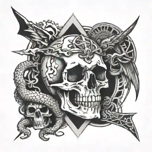 hand holding a skull and a snake and a skull inside the skull, eye, eagle, 3 swords, dei with memoris not dreams tattoo design idea