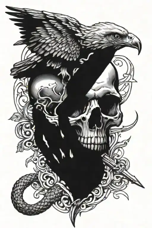 A hand holding a skull with a snake, eagle, eye, 3 swords, die with memory not dreams tattoo design idea