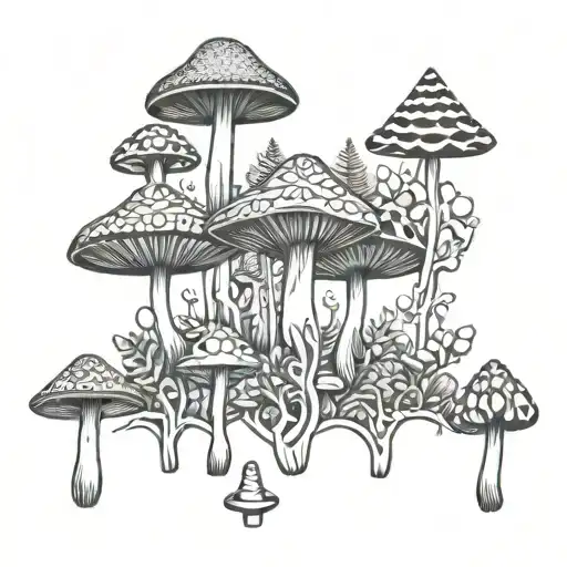 Geometric patterns inspired psychedelic mushroom forest tattoo design idea