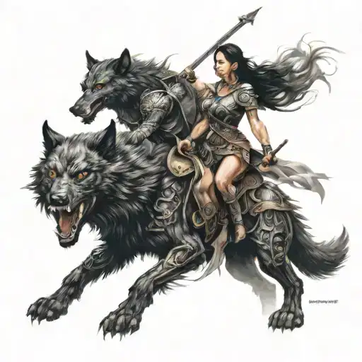 female warrior walking with her black wolf and her fantasy dragon flaying above tattoo design idea