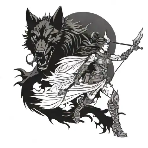 female warrior walking with her black wolf and her fantasy dragon flaying above tattoo design idea