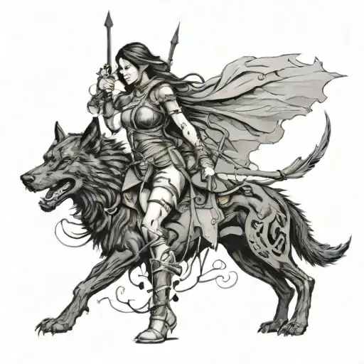 female warrior walking with her black wolf and her fantasy dragon flaying above tattoo design idea