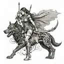 female warrior walking with her black wolf and her fantasy dragon flaying above tattoo design idea