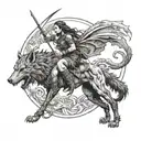 female warrior walking with her black wolf and her fantasy dragon flaying above tattoo design idea