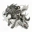 female warrior walking with her black wolf and her fantasy dragon flaying above tattoo design idea