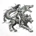 female warrior walking with her black wolf and her fantasy dragon flaying above tattoo design idea