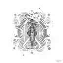 A futuristic spaceship cruising through a galaxy made of musical notes tattoo design idea