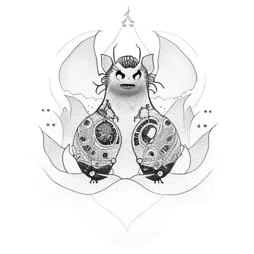 Design a dotwork tattoo with elements of Spirited Away and indie music tattoo design idea