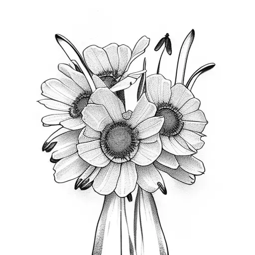 flower bouquet with snowdrops, daisy, honeysuckle, and poppy tattoo design idea
