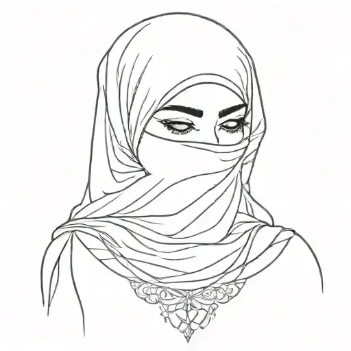 Simple Line work of a Muslim women wearing a hijab doing witchcraft tattoo design idea