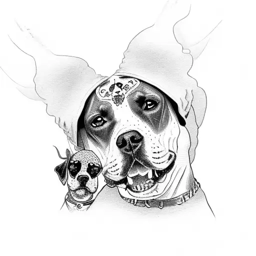 a spanish women with sugar skulls driving a lowrider with a pitbull in seat and angels and grimreaper with guns tattoo design idea