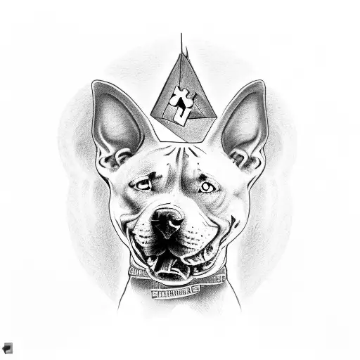 A powerful image of a pitbull breaking through jail bars, with angel wings and money flying around, representing liberation and prosperity tattoo design idea