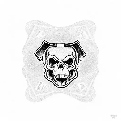 A powerful grim reaper holding a bouquet of dice, symbolizing luck and fate, with a background of jail bars and pitbulls tattoo design idea