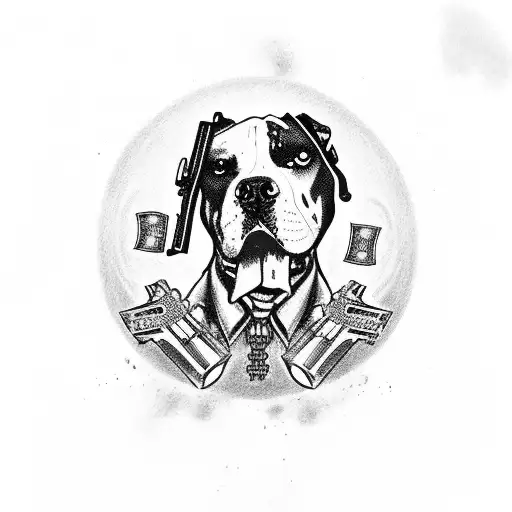 A pitbull surrounded by money and guns, with a grim reaper in the background and angels with sugar skulls and 100 $ dice tattoo design idea