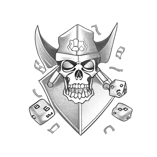 A powerful grim reaper holding a bouquet of dice, symbolizing luck and fate, with a background of jail bars and pitbulls tattoo design idea