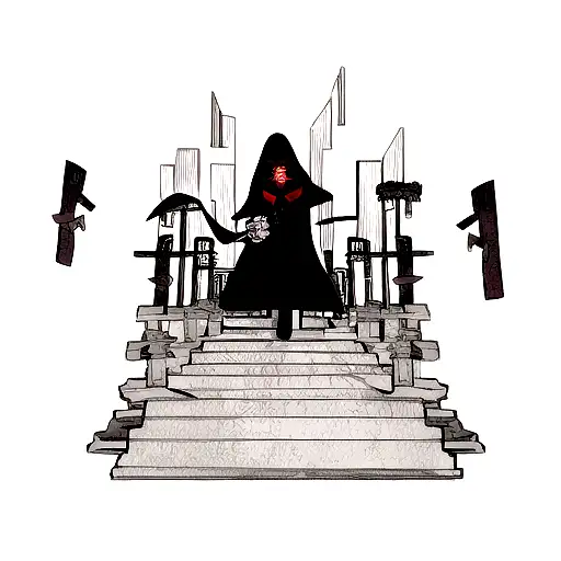 A powerful grim reaper holding a bouquet of dice, symbolizing luck and fate, with a background of jail bars and pitbulls tattoo design idea