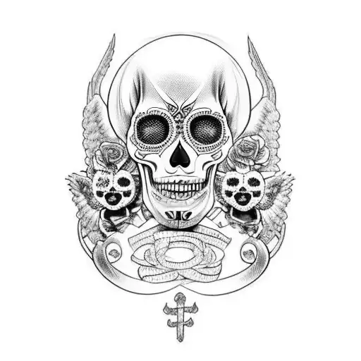 A low rider car with sugar skull and pitbulls and money and bullets and jail bars guns angels and mercedez bemz tattoo design idea