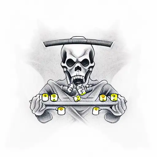 A powerful grim reaper holding a bouquet of dice, symbolizing luck and fate, with a background of jail bars and pitbulls tattoo design idea