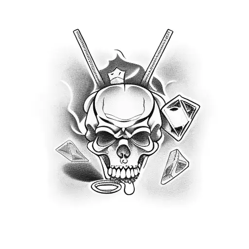 A powerful grim reaper holding a bouquet of dice, symbolizing luck and fate, with a background of jail bars and pitbulls tattoo design idea