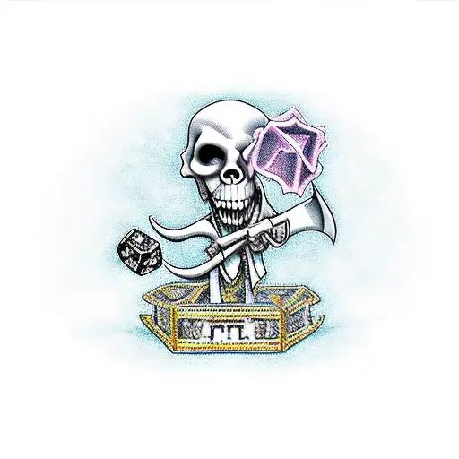 A powerful grim reaper holding a bouquet of dice, symbolizing luck and fate, with a background of jail bars and pitbulls tattoo design idea