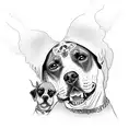 a spanish women with sugar skulls driving a lowrider with a pitbull in seat and angels and grimreaper with guns tattoo design idea