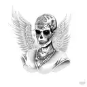 a spanish women with sugar skulls driving a lowrider with a pitbull in seat and angels and grimreaper with guns tattoo design idea