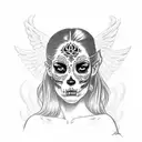 a spanish women with sugar skulls driving a lowrider with a pitbull in seat and angels and grimreaper with guns tattoo design idea