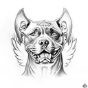 A powerful image of a pitbull breaking through jail bars, with angel wings and money flying around, representing liberation and prosperity tattoo design idea
