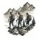 A tattoo design of a group of friends hiking together with a subtle mountain range in the background tattoo design idea