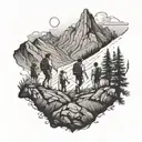 A tattoo design of a group of friends hiking together with a subtle mountain range in the background tattoo design idea