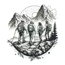 A tattoo design of a group of friends hiking together with a subtle mountain range in the background tattoo design idea
