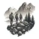 A tattoo design of a group of friends hiking together with a subtle mountain range in the background tattoo design idea