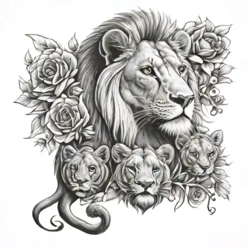 mother lion with 3 welps and flowers blooming tattoo design idea