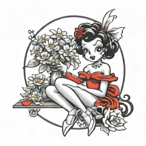 traditional Betty boop wearing long red dress, sitting crossed legged. holding bouquet of daisies in her hands. tattoo design idea