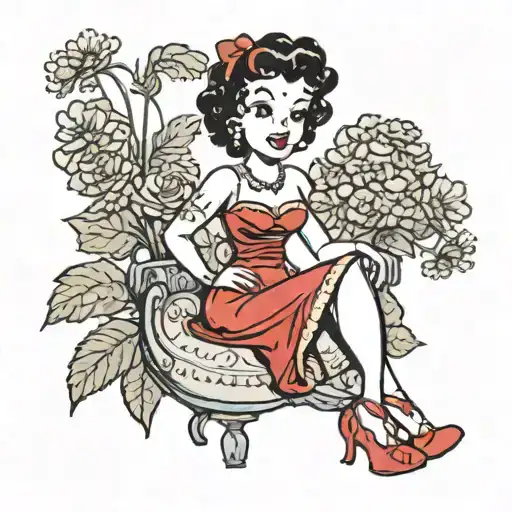 traditional Betty boop wearing long red dress, sitting crossed legged. holding bouquet of daisies in her hands. tattoo design idea