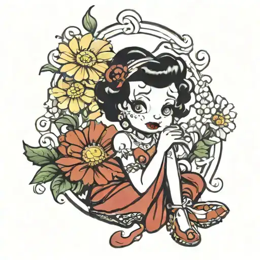 Betty boop wearing long red dress, sitting crossed legged. holding bouquet of yellow daisies.  tattoo design idea