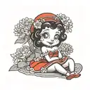 traditional Betty boop wearing long red dress, sitting crossed legged. holding bouquet of daisies in her hands. tattoo design idea