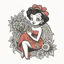traditional Betty boop wearing long red dress, sitting crossed legged. holding bouquet of daisies in her hands. tattoo design idea