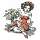 traditional Betty boop wearing long red dress, sitting crossed legged. holding bouquet of daisies in her hands. tattoo design idea