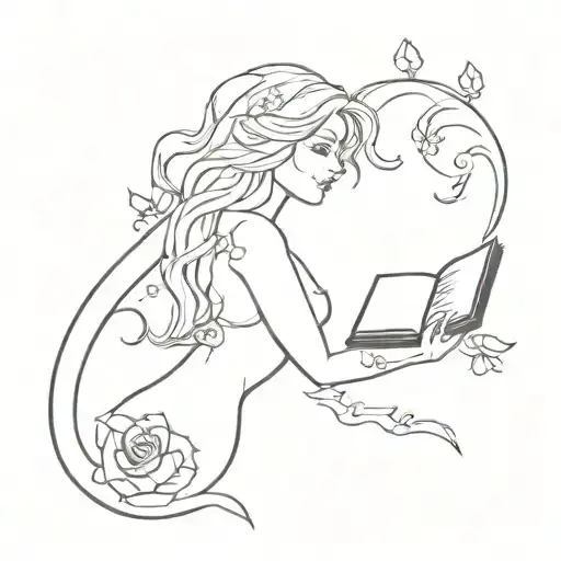 A minimalist tattoo of a mermaid holding a book of poetry, with a background of gothic style elements like roses and skulls tattoo design idea