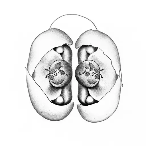 The tattoo depicts two green peas side-by-side inside an open pea pod that frames them. The pea on the left has a straig tattoo design idea